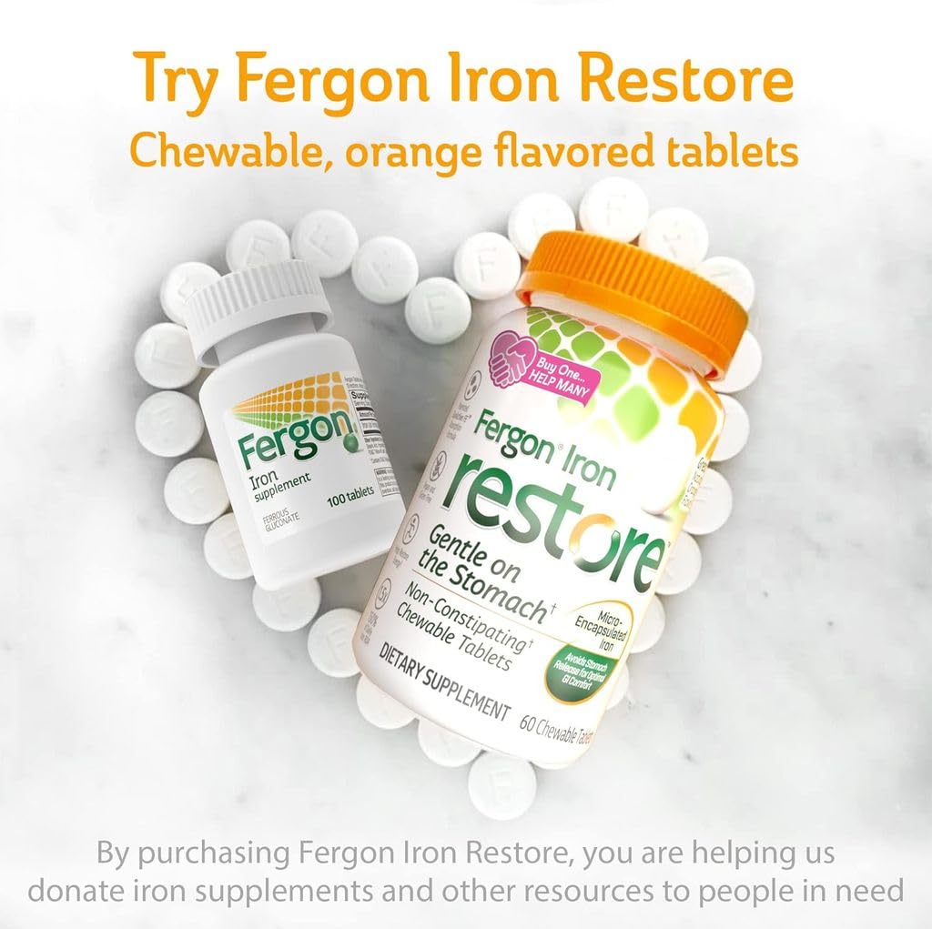Fergon easy-to-swallow iron tablets on a neutral surface.