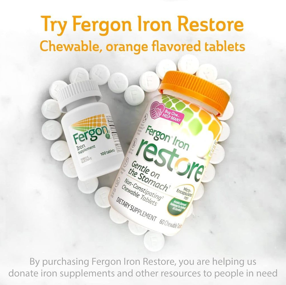 Fergon easy-to-swallow iron tablets on a neutral surface.