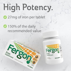 Fergon high potency iron tablets in a pack highlighting daily use.