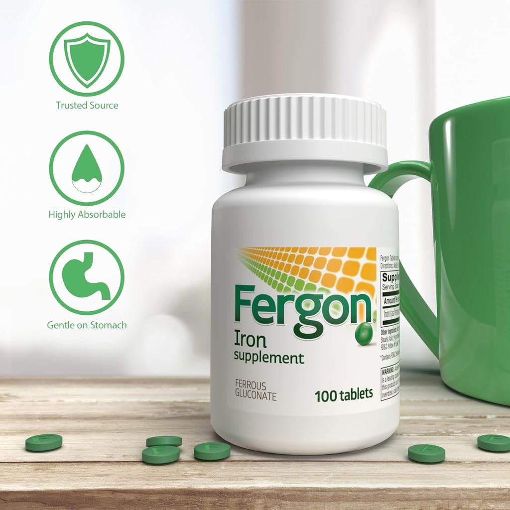 Fergon women-focused iron support tablets in a kitchen setting.