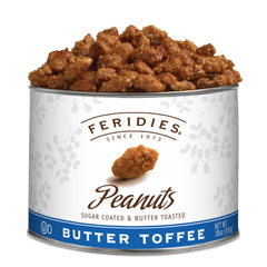 FERIDIES butter toffee peanuts in a tin, a crunchy, indulgent snack perfect for entertaining