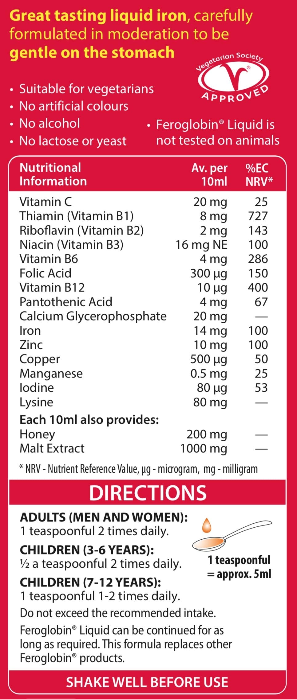 Feroglobin honey-orange flavor liquid label, highlights natural ingredients for gentle digestion.