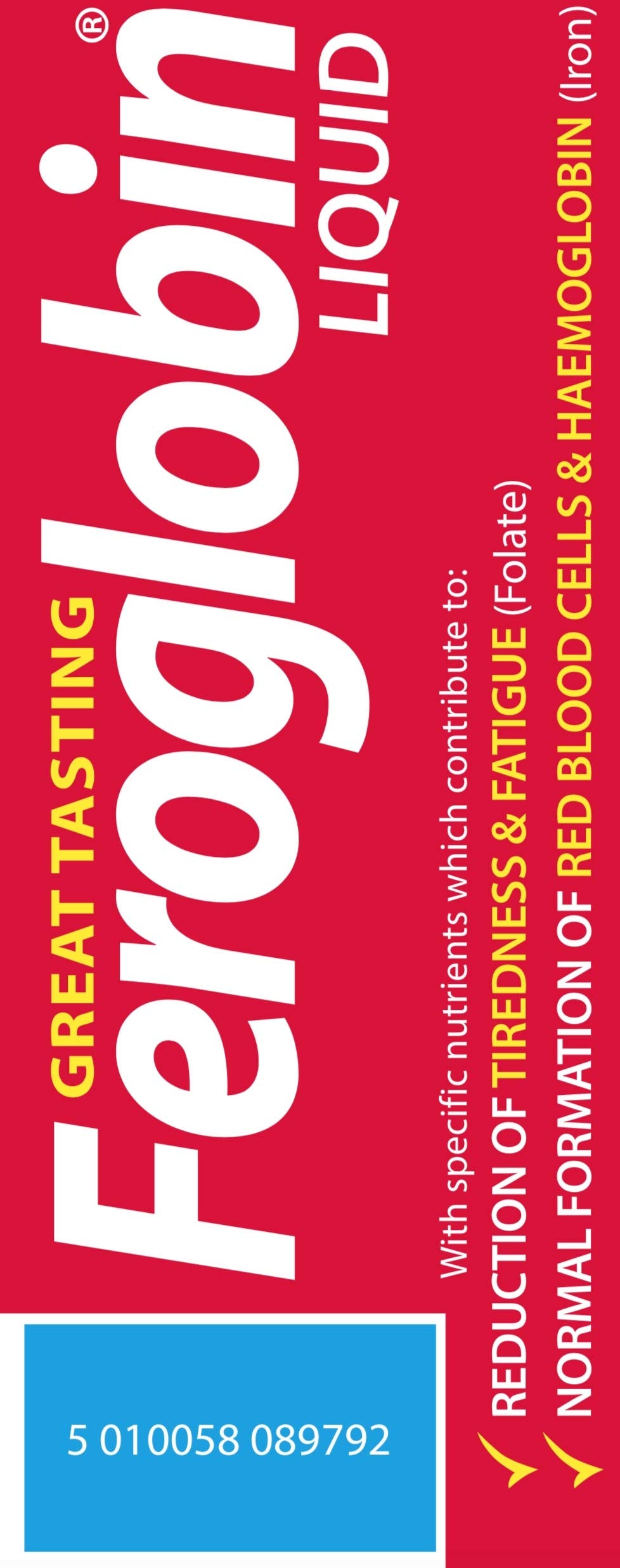 Feroglobin iron folate B12 ingredients, supports red blood cell formation.