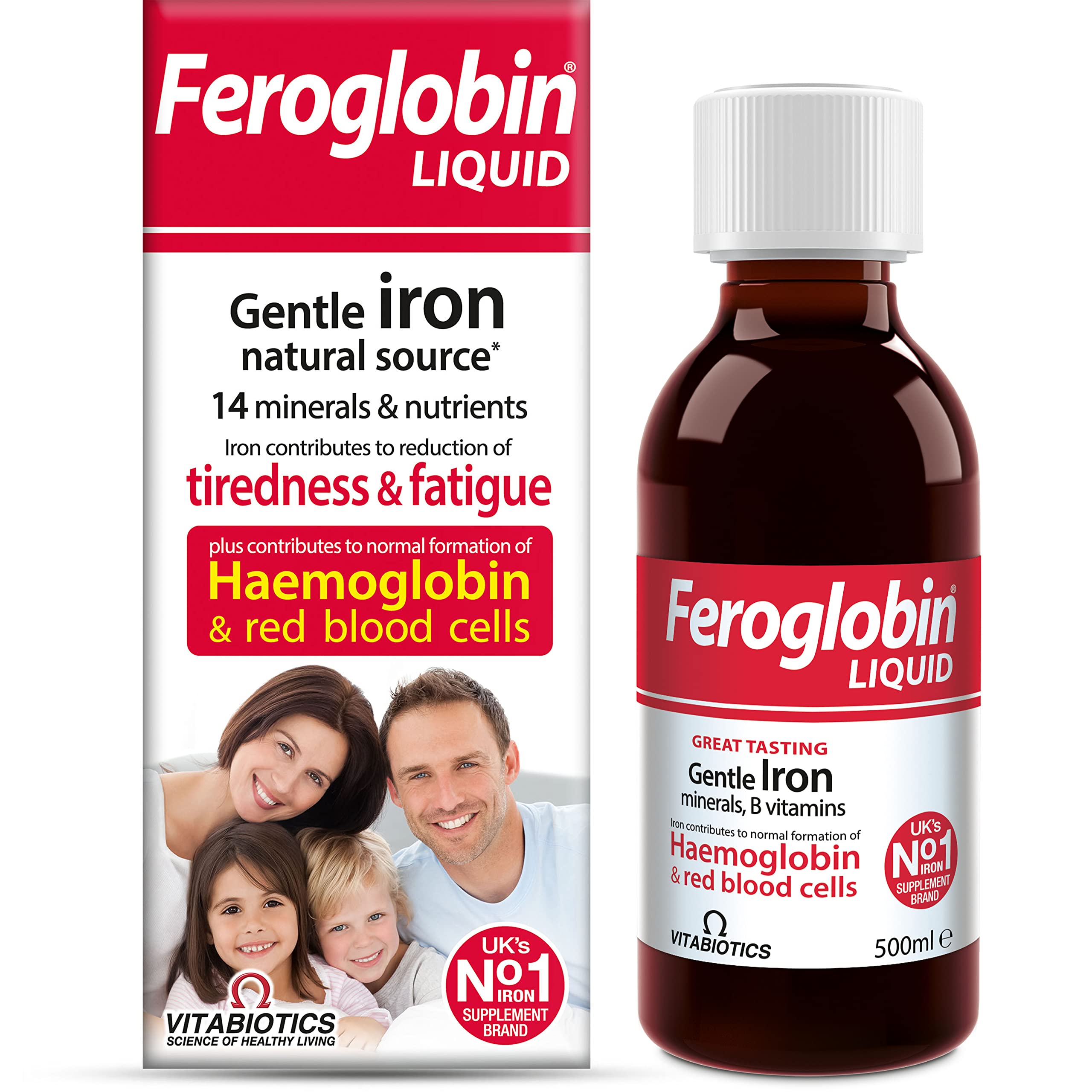 Feroglobin liquid honey orange bottle shows a convenient daily iron boost