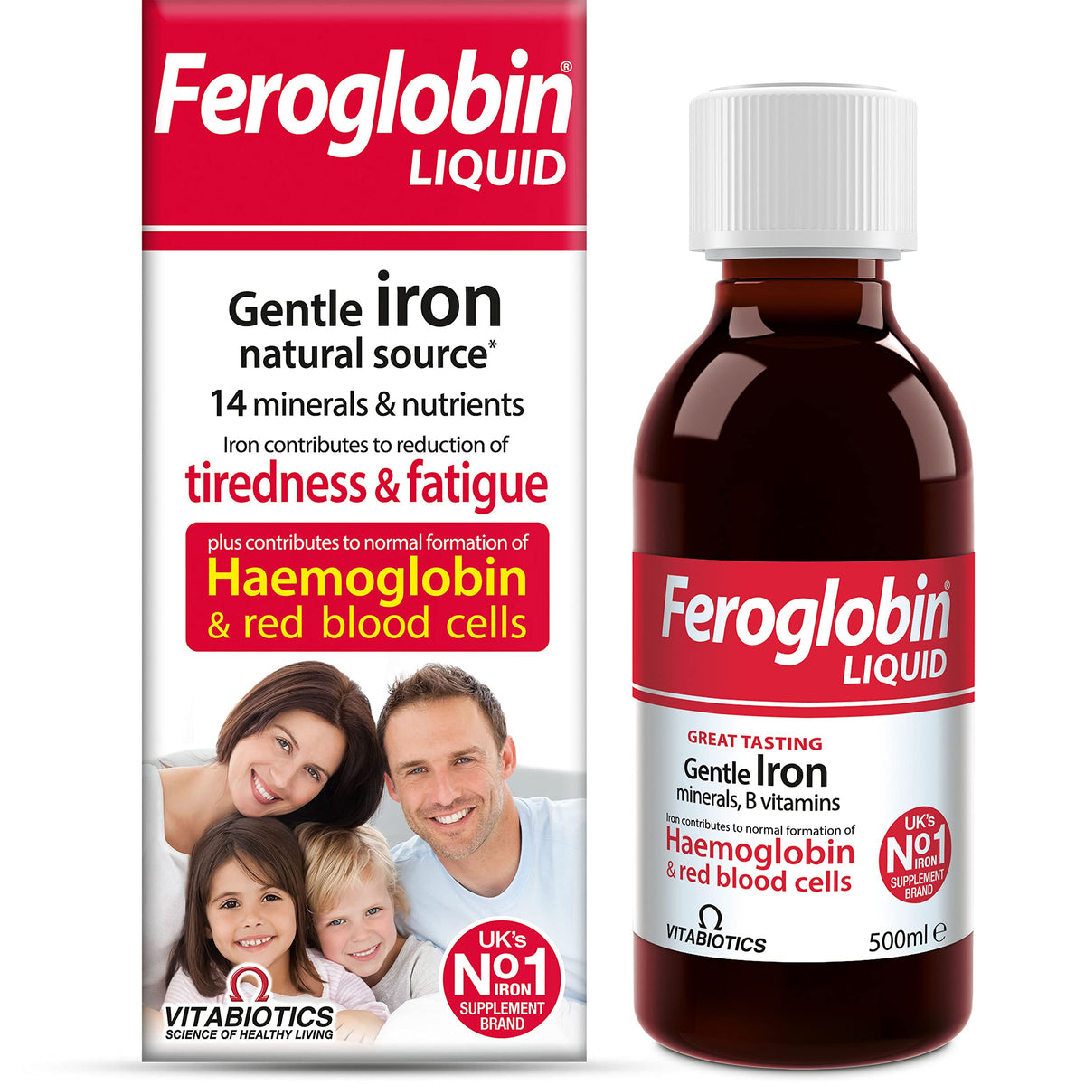 Feroglobin liquid honey orange bottle shows a convenient daily iron boost