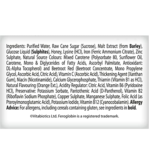 Closeup of Feroglobin liquid label highlighting organic iron and B vitamins