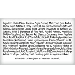 Closeup of Feroglobin liquid label highlighting organic iron and B vitamins