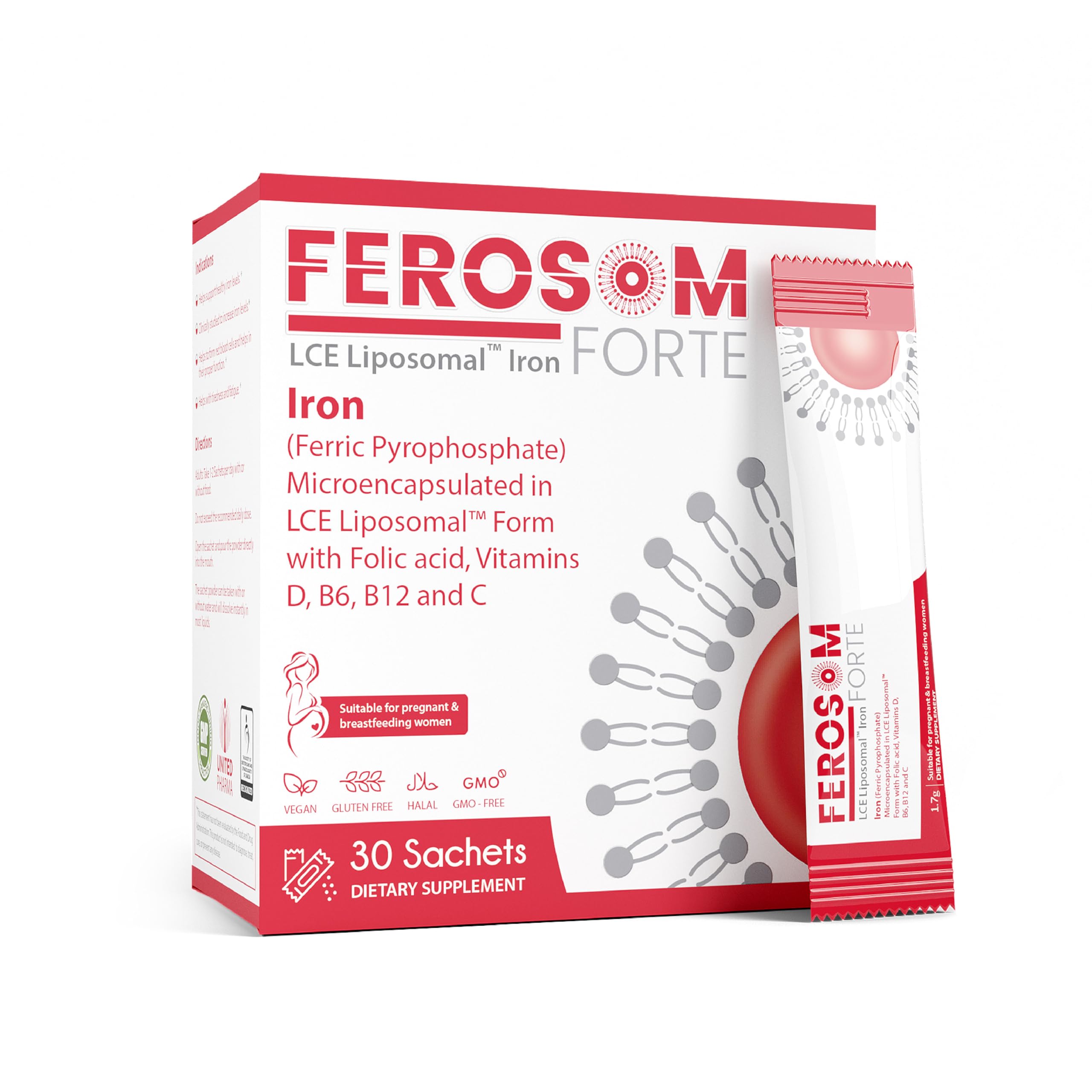 Ferosom Forte LCE liposomal iron powder sachets for easy daily iron support.