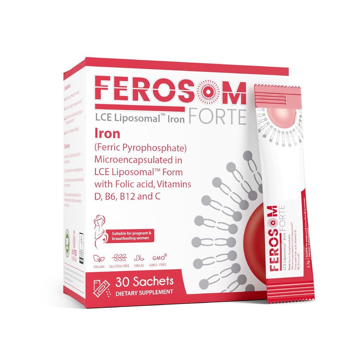 Ferosom Forte LCE liposomal iron powder sachets for easy daily iron support.