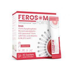 Ferosom Forte LCE liposomal iron powder sachets for easy daily iron support.