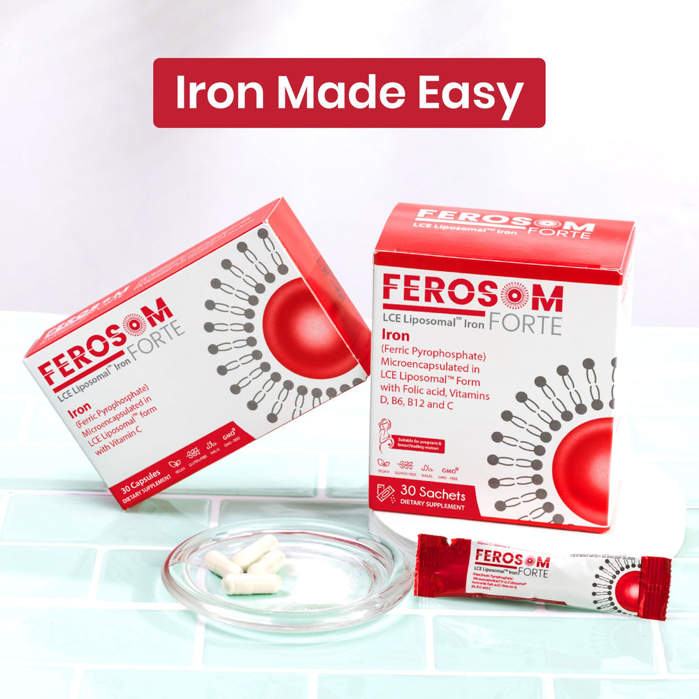Ferosom Forte package shows vegan, halal, non-GMO marks.