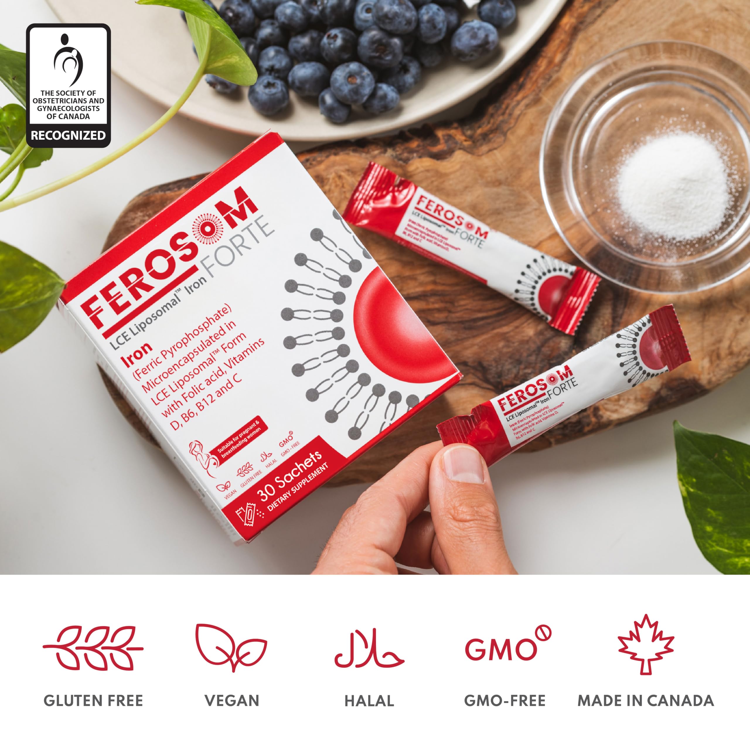 Ferosom Forte single-serving sachets ready to pour over water.