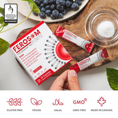 Ferosom Forte single-serving sachets ready to pour over water.