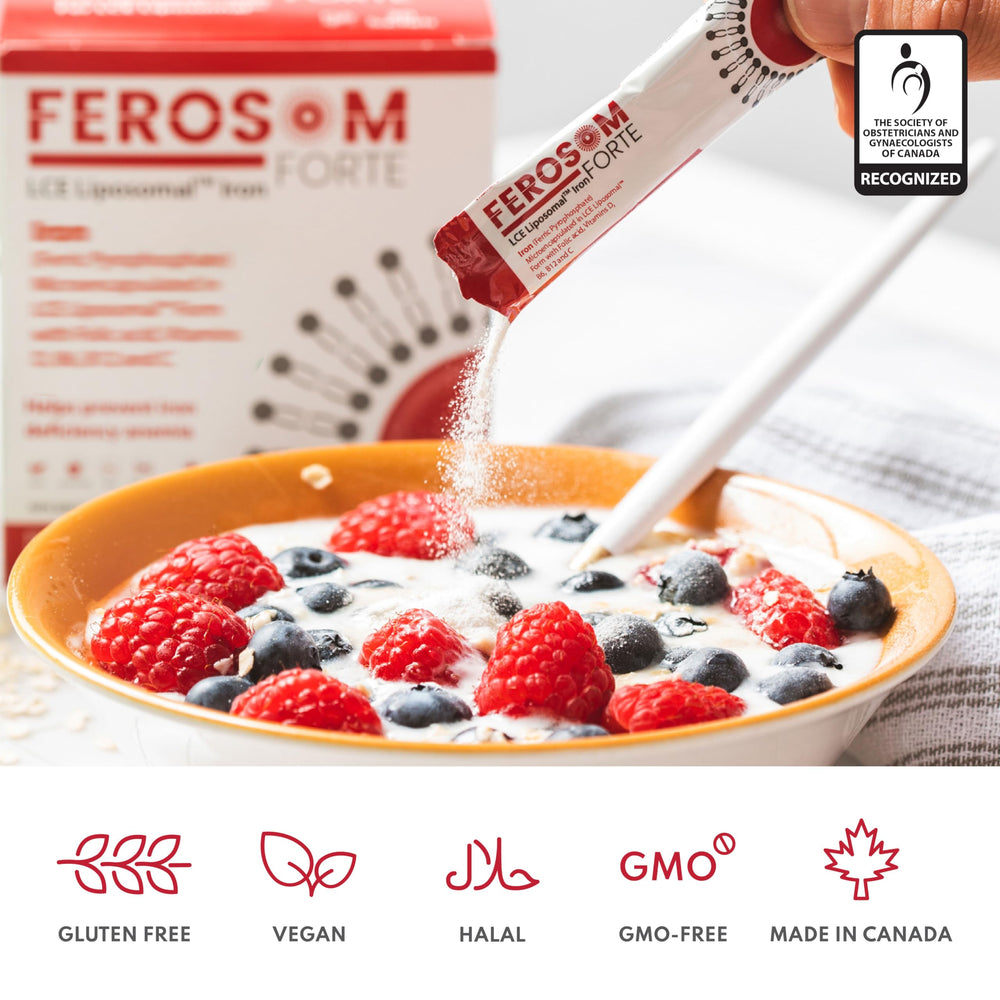 Ferosom Forte vegan sachets displayed for on-the-go daily iron routine.