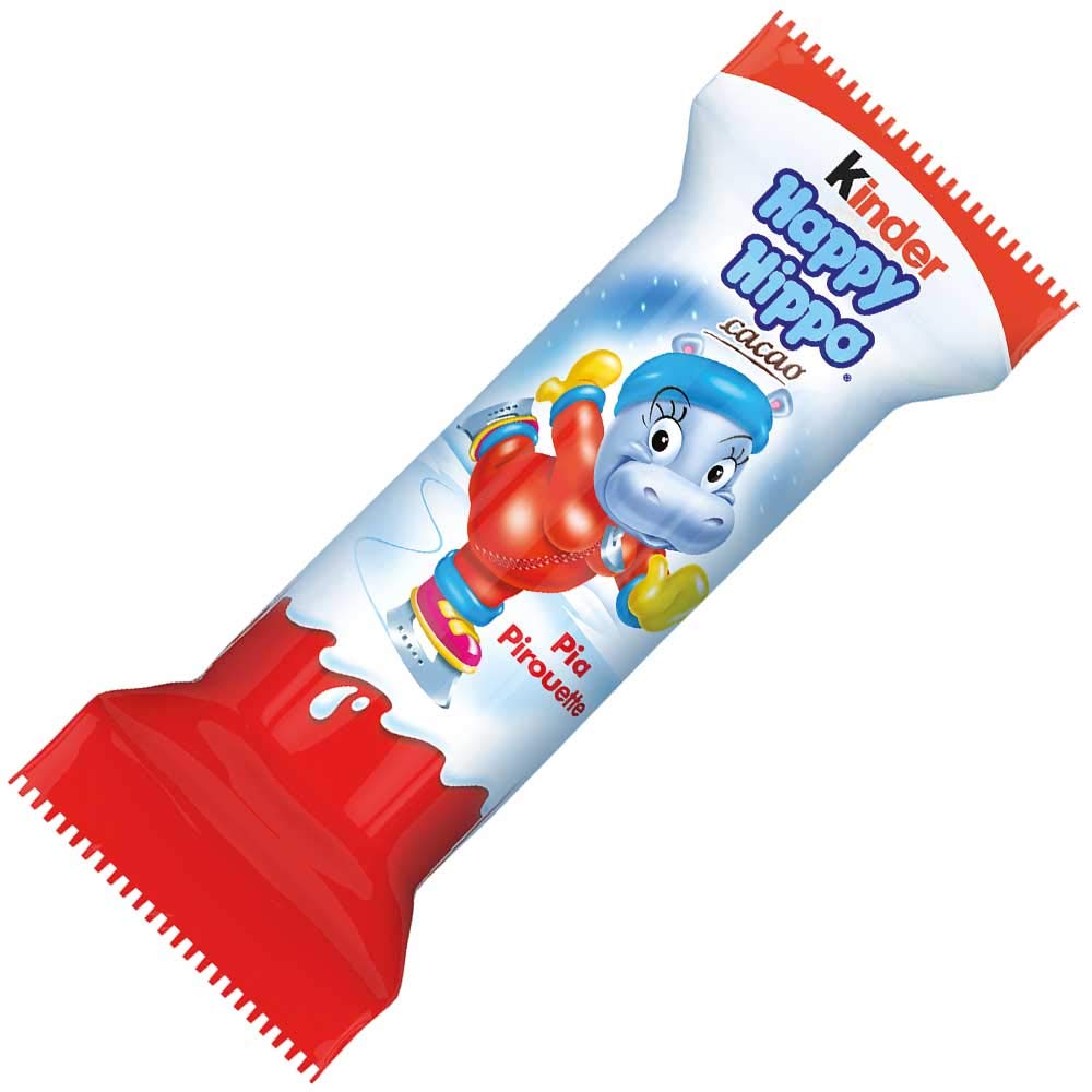Kinder Happy Hippo wafer close-up highlighting creamy hazelnut filling.