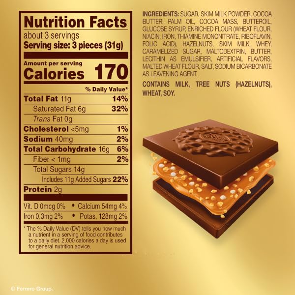 Ferrero Rocher caramel hazelnut square close-up with roasted hazelnuts, premium treat.