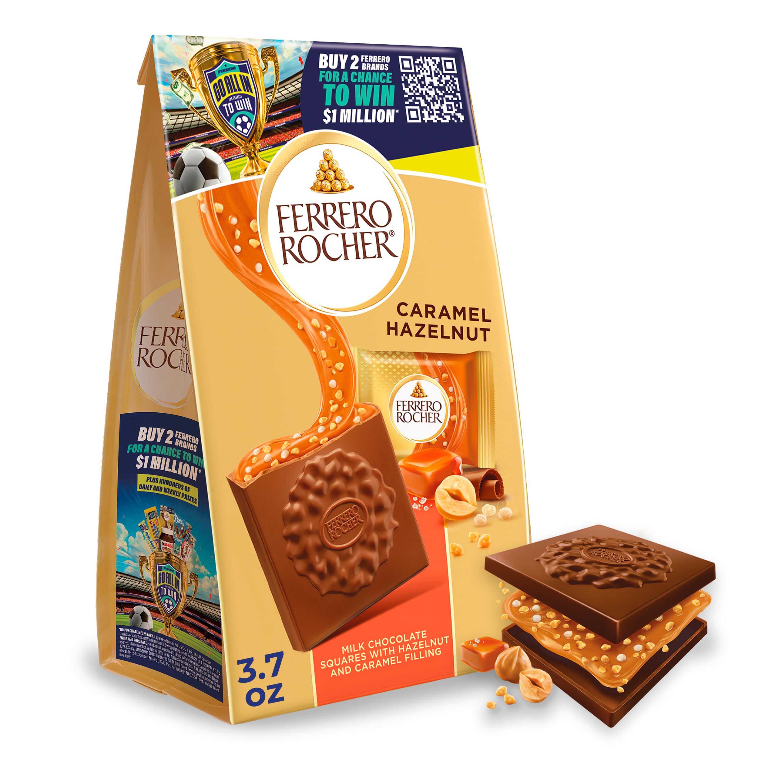 Ferrero Rocher caramel hazelnut square in gold packaging, ideal for gifting and sharing.