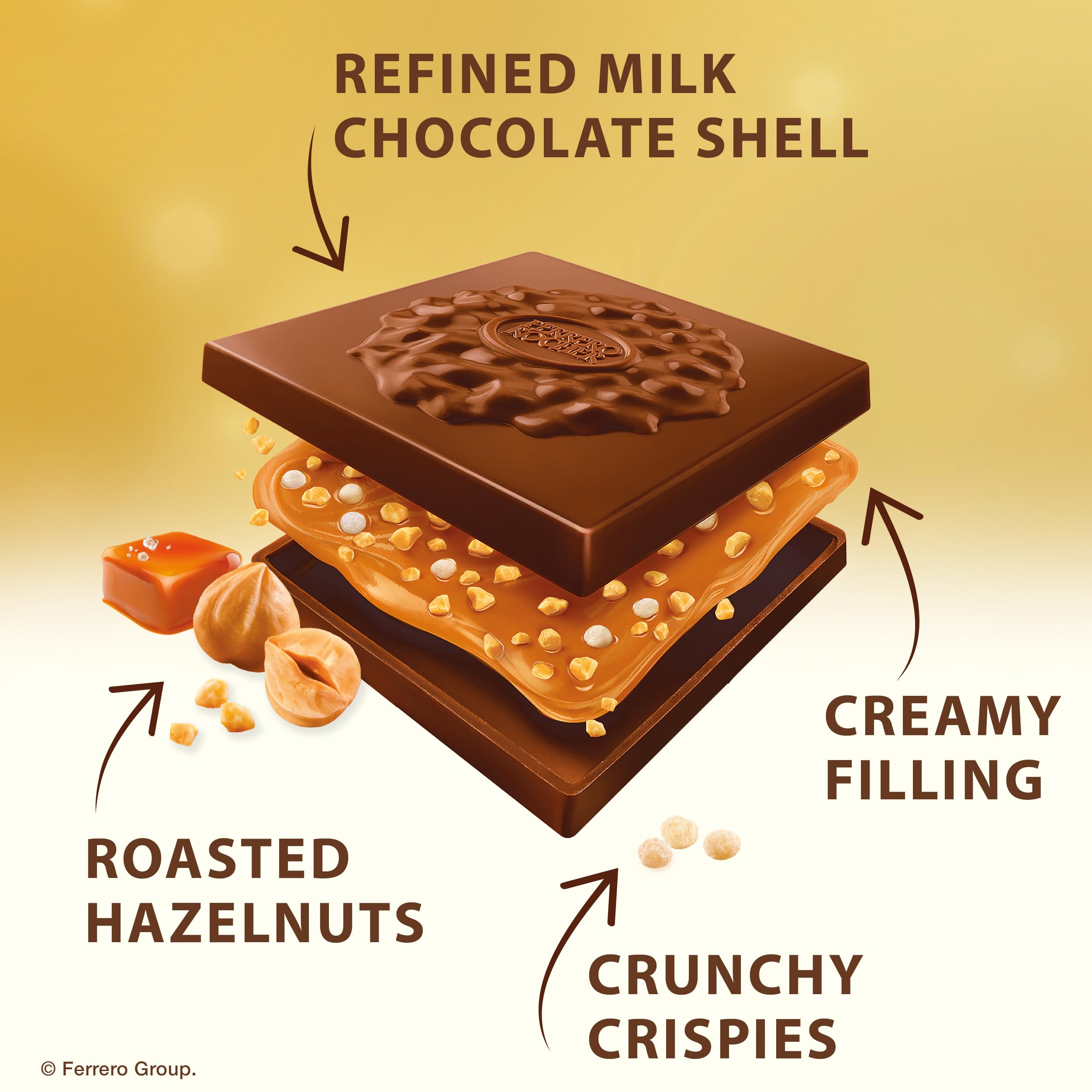 Ferrero Rocher caramel hazelnut square, visible roasted nuts and premium chocolate.