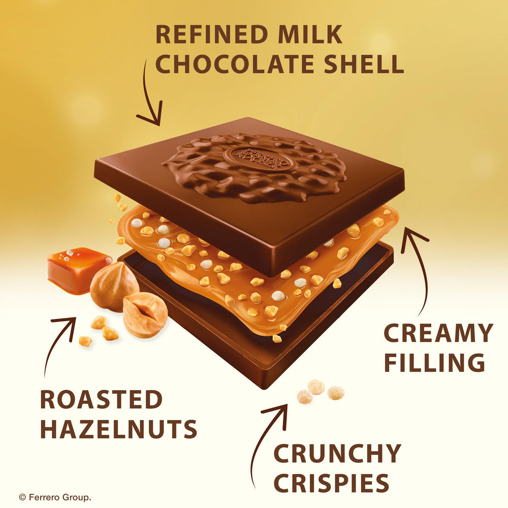 Ferrero Rocher caramel hazelnut square, visible roasted nuts and premium chocolate.