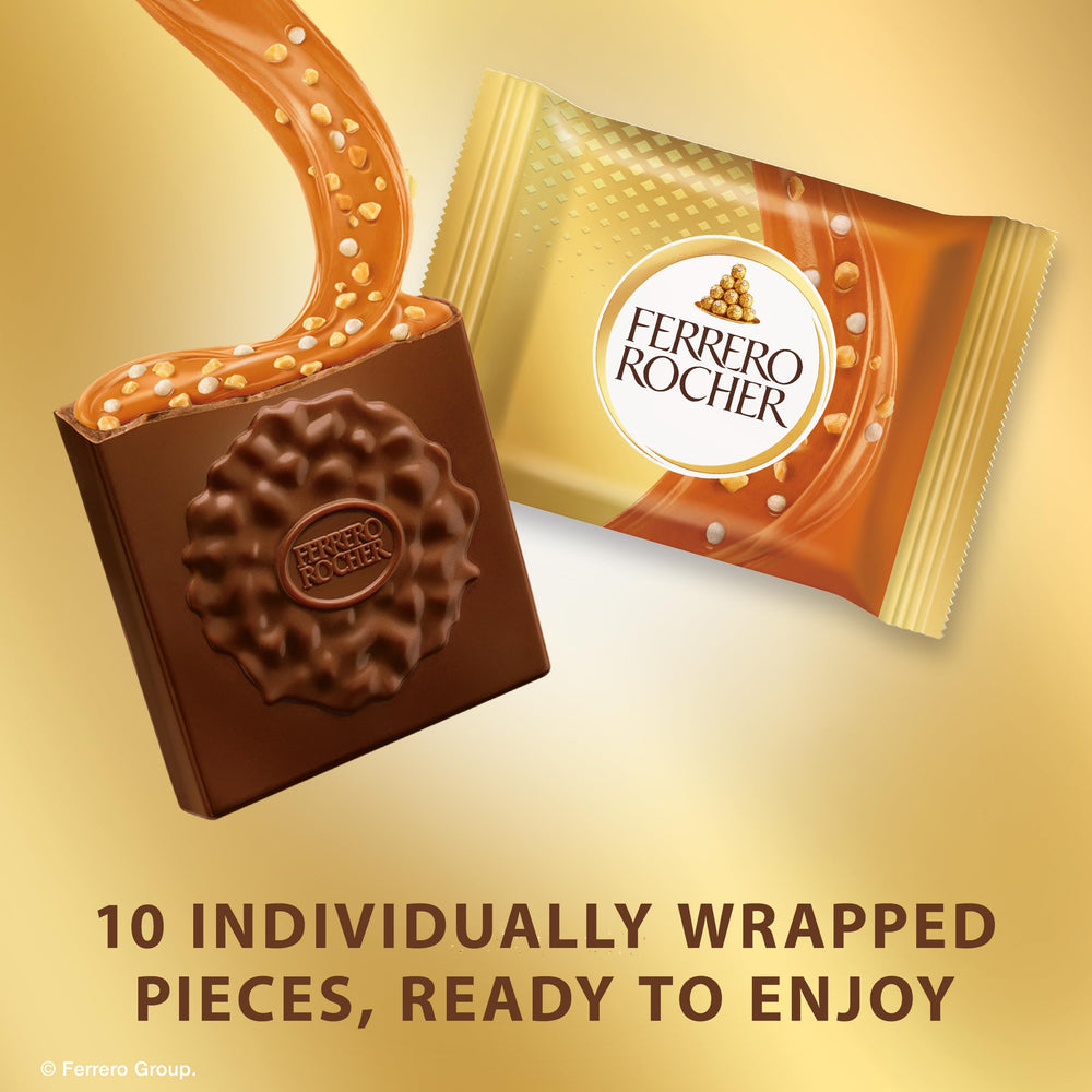 Ferrero Rocher caramel hazelnut squares in gold bag, easy to share.