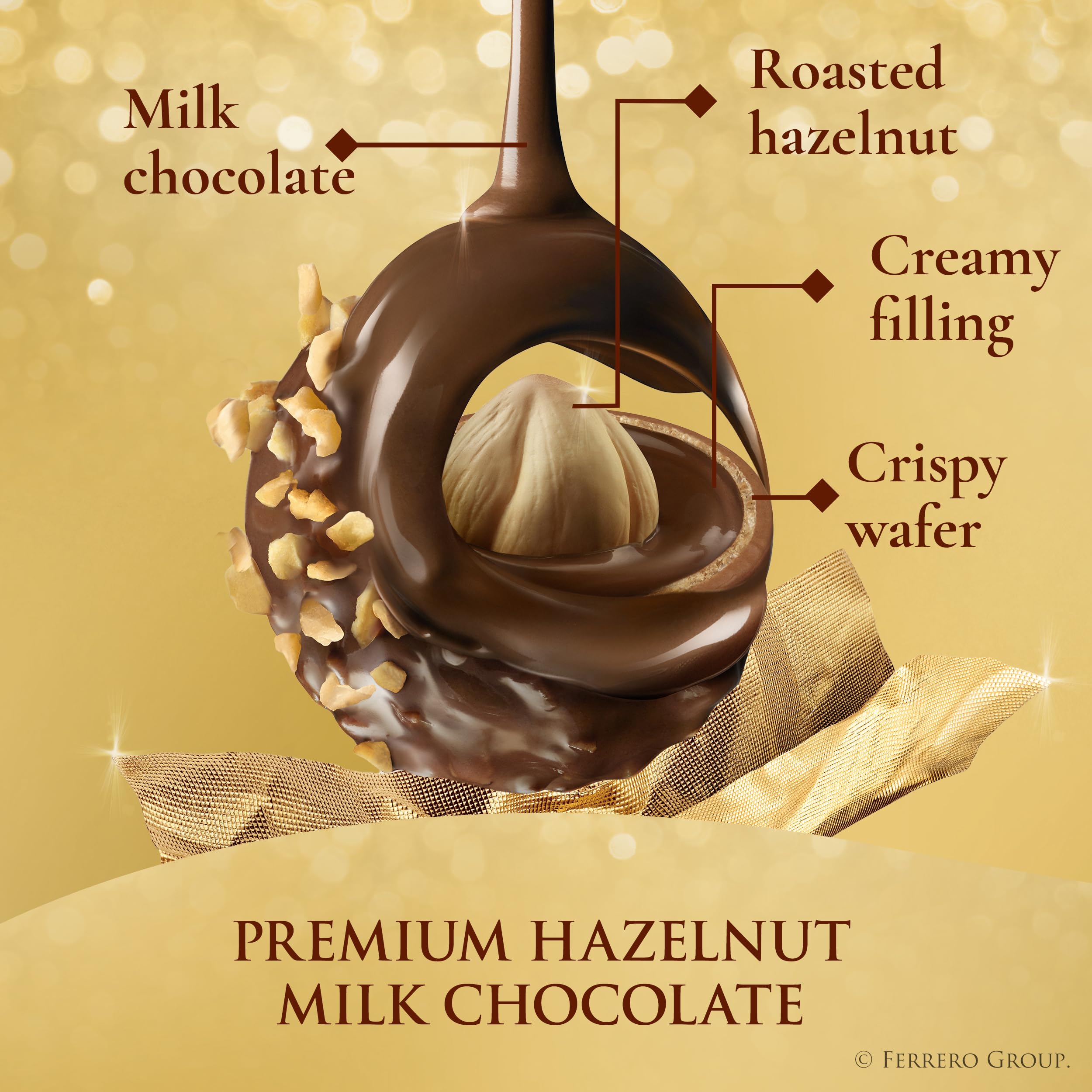 Ferrero Rocher crispy wafer layers embrace milk chocolate for a refined bite