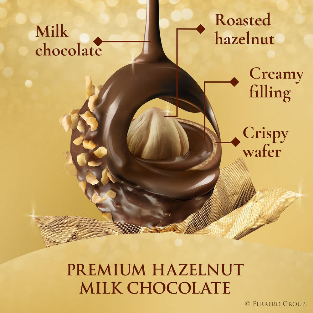 Ferrero Rocher crispy wafer layers embrace milk chocolate for a refined bite