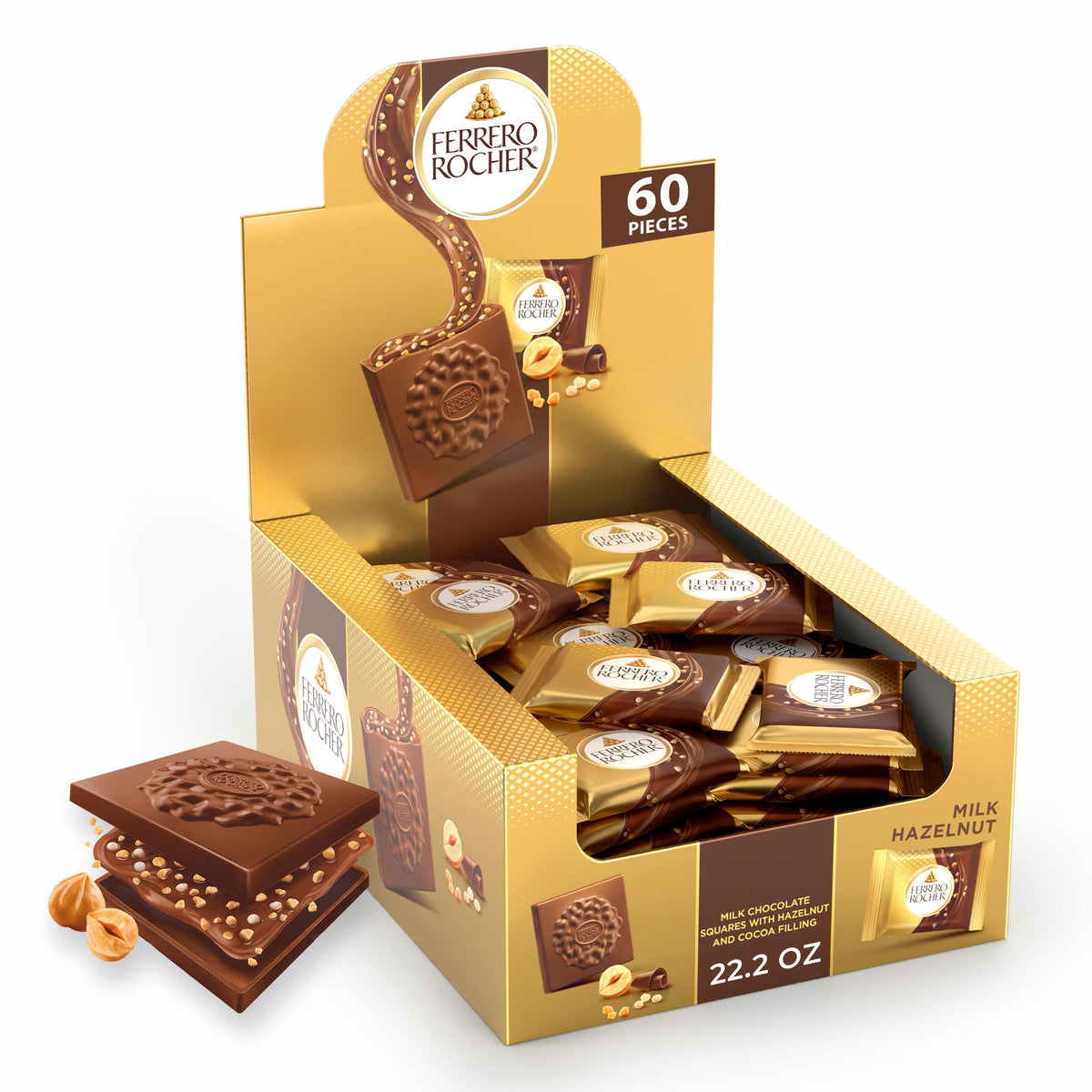 Ferrero Rocher milk hazelnut square in gold foil packaging, ideal for gifting.