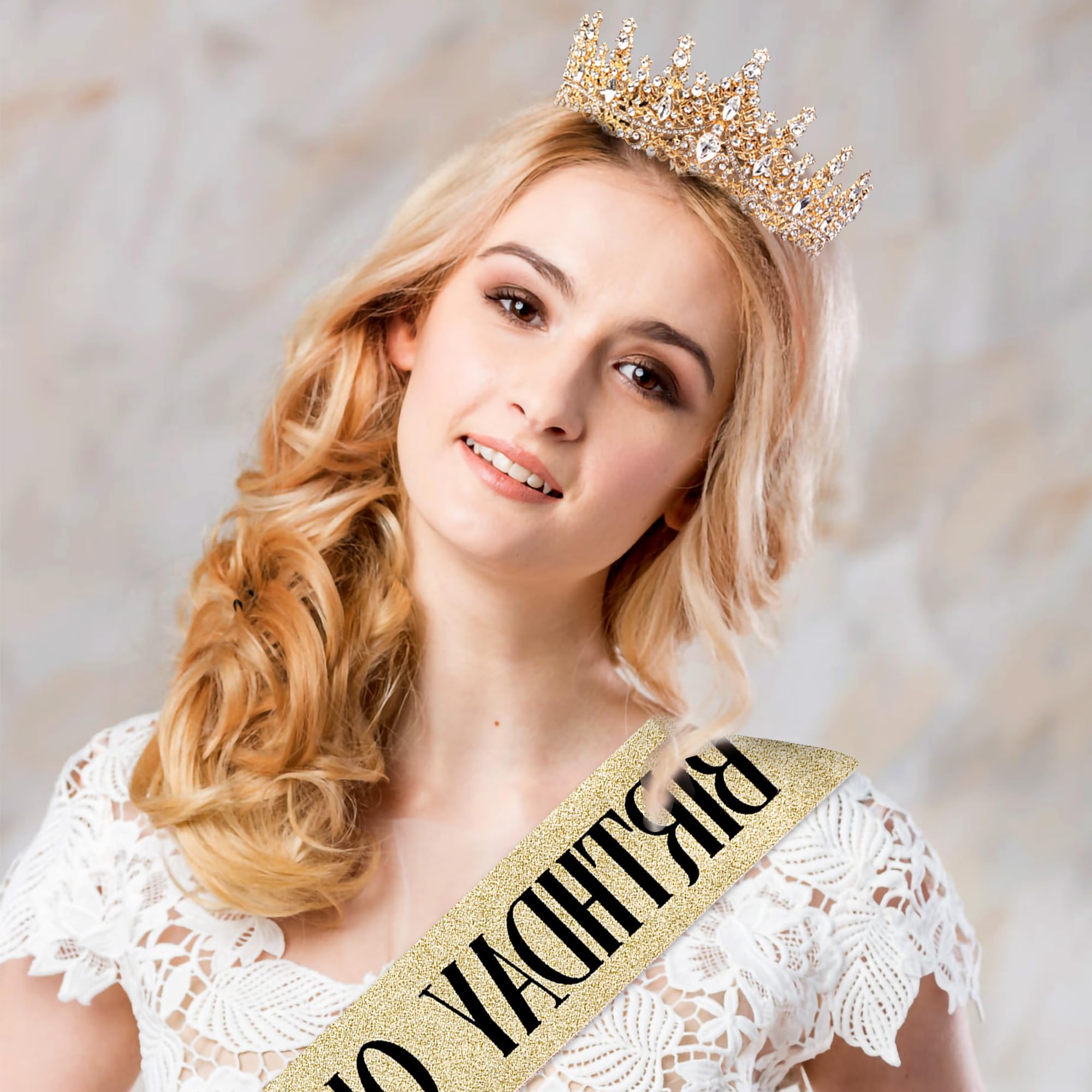 Fesciory birthday sash with gold glitter complements the crown for a celebratory queen vibe