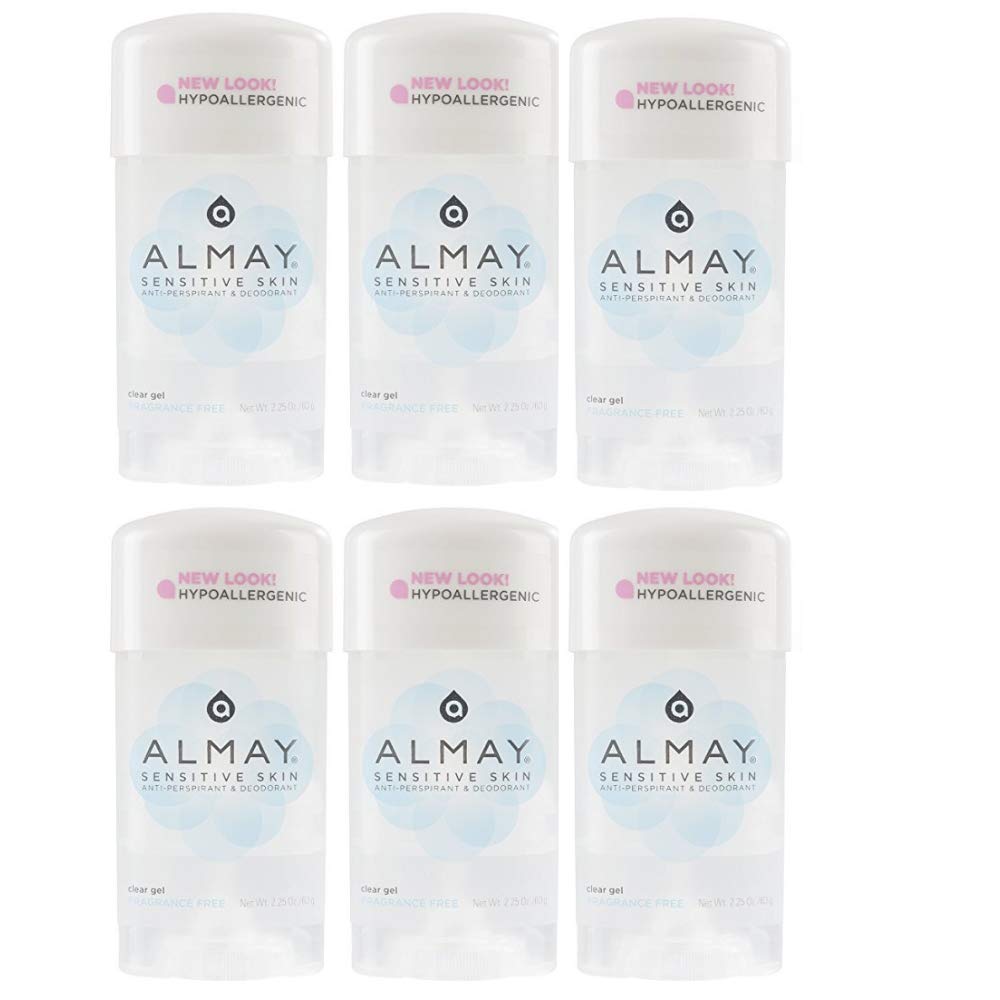 FF Almay Sensitive Skin Clear Gel Fragrance Free deodorant pack of six for daily protection.
