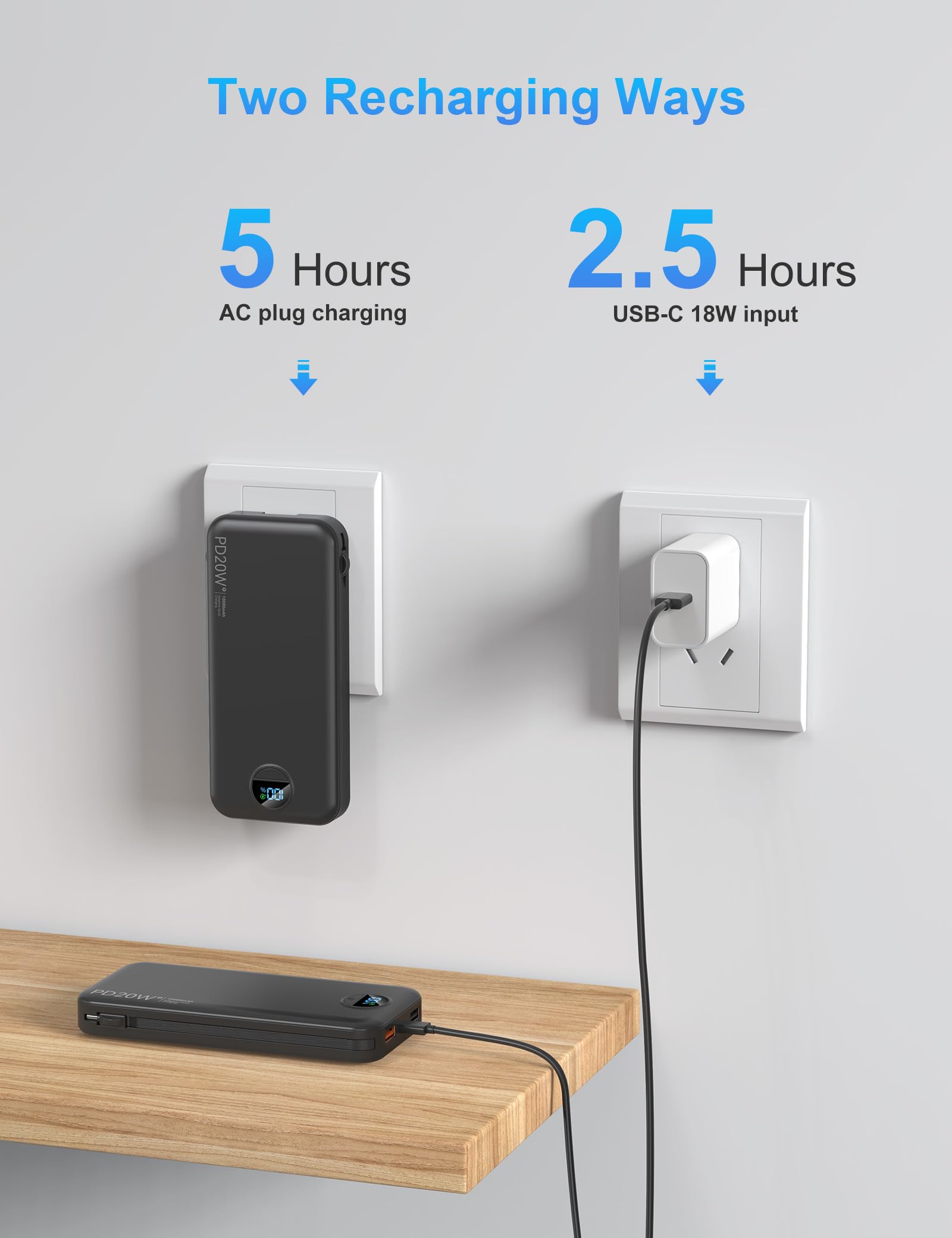 FFNPua dual-recharge design supports wall outlet and USB-C input.