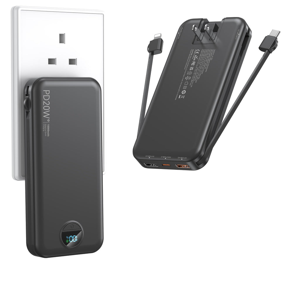 FFNPua portable charger with built-in cables and wall plug for travel-ready power.