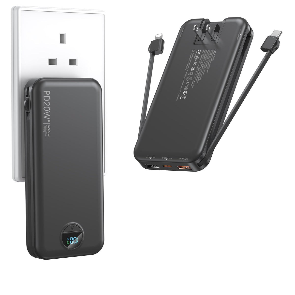 FFNPua portable charger with built-in cables and wall plug for travel-ready power.