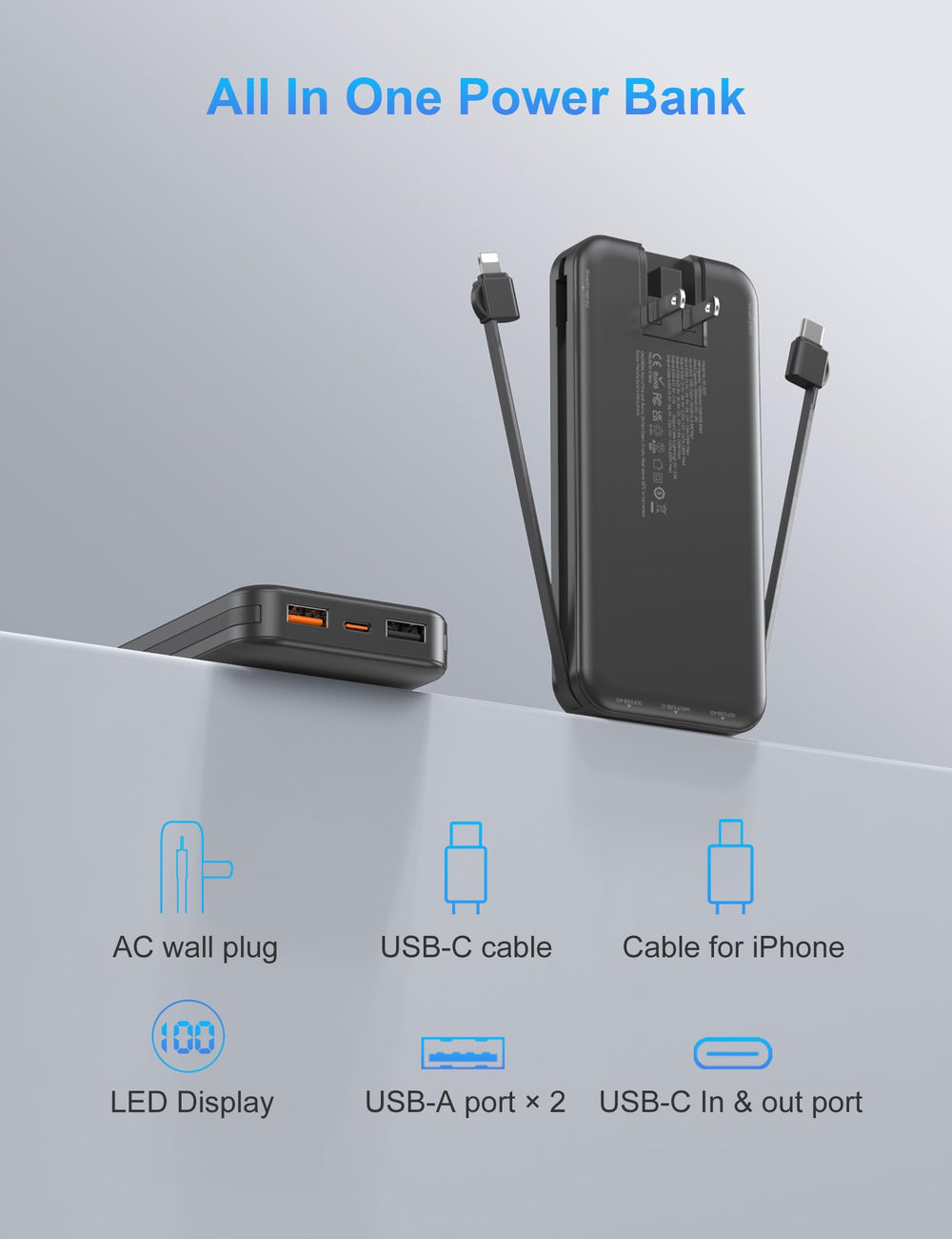 FFNPua 10000mAh pack includes USB-C cable and manual for travelers.