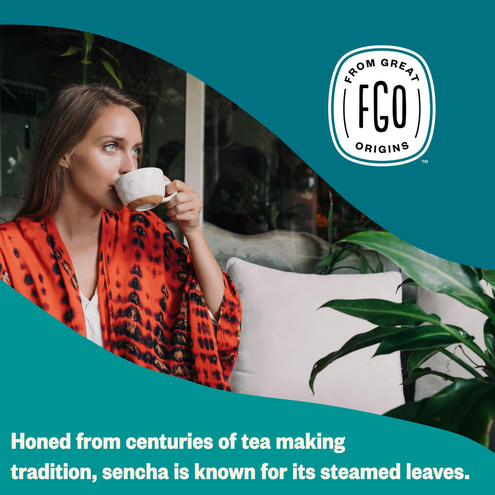 FGO Sencha tea bags packed in California for freshness