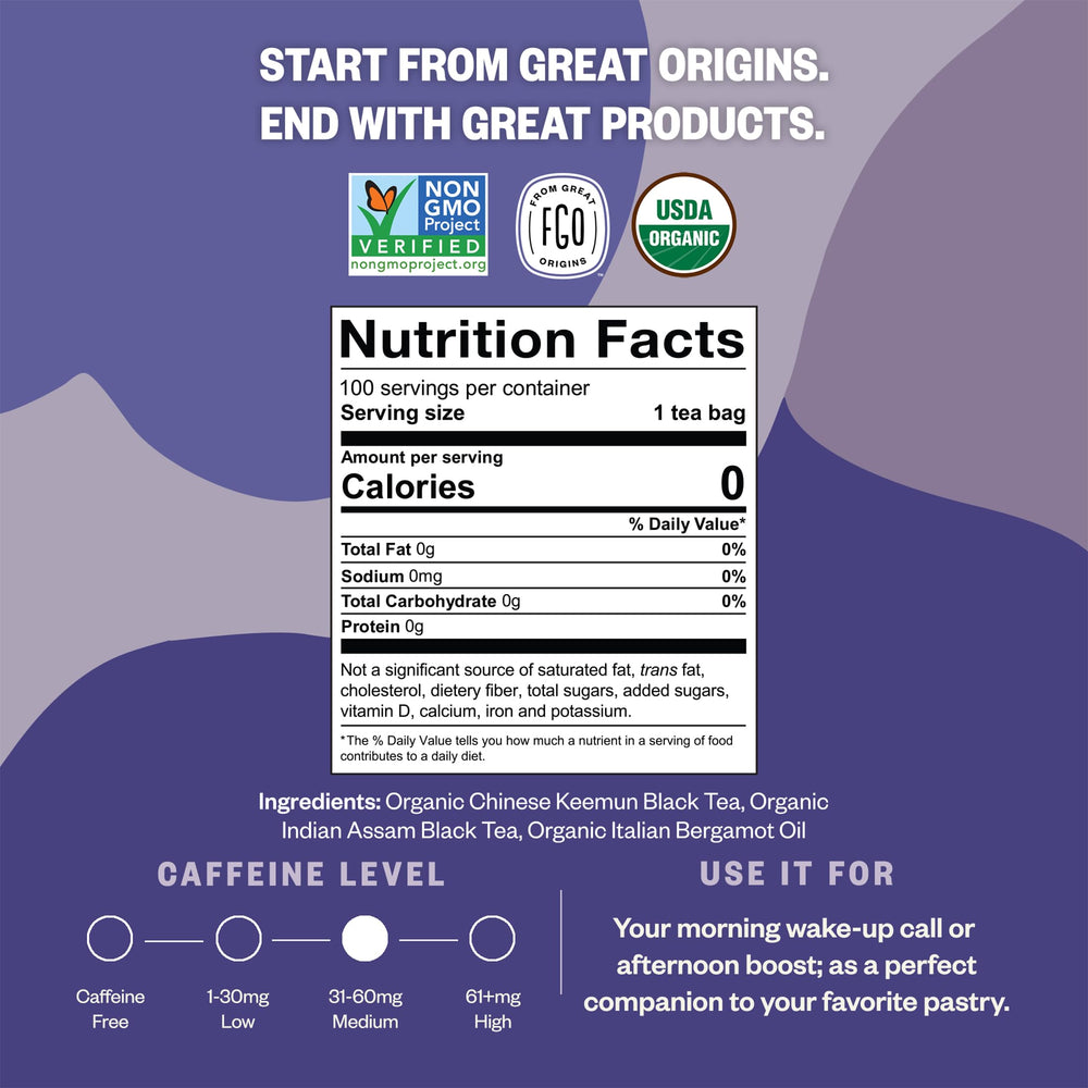 FGO Earl Grey tea bags in resealable packaging for lasting freshness.