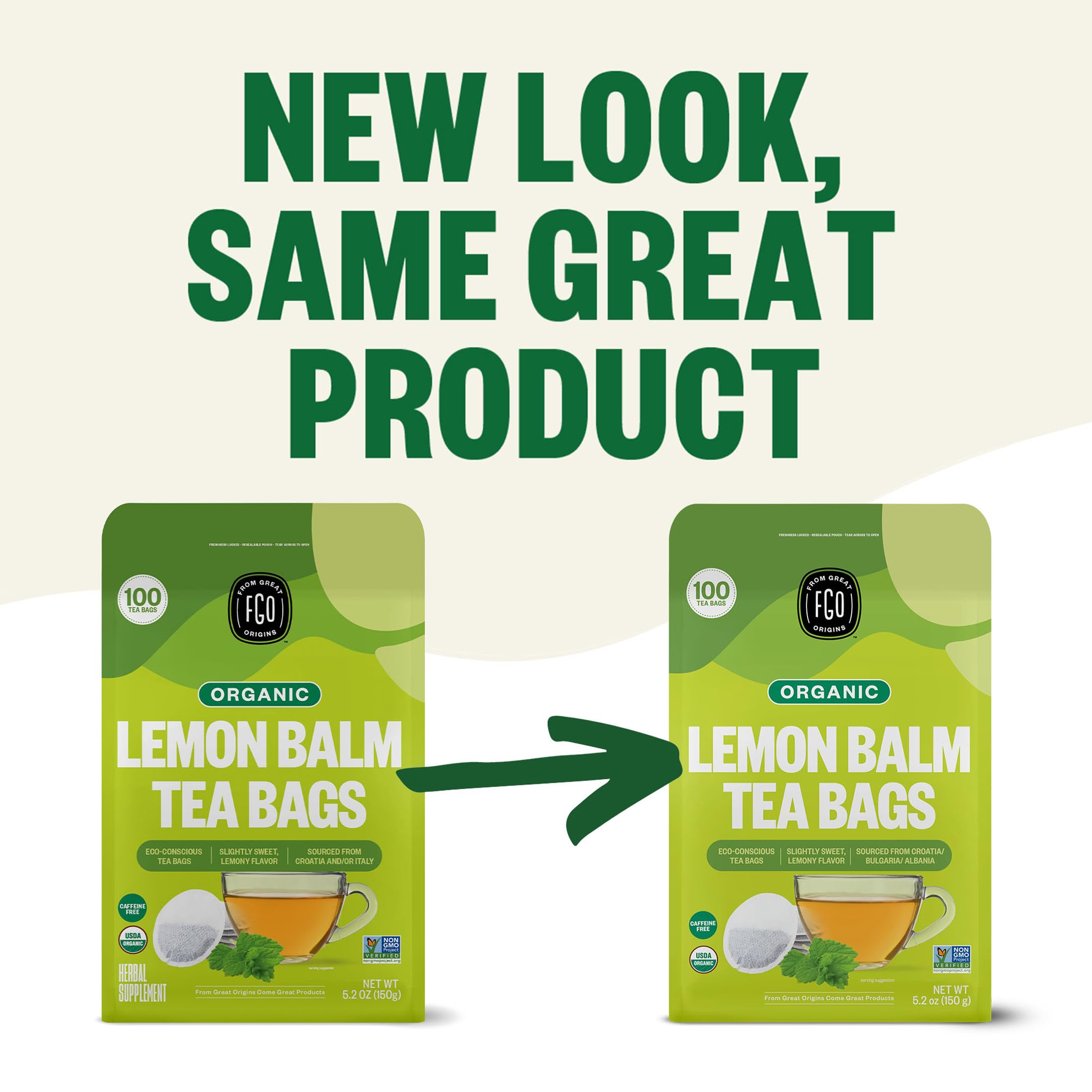 FGO Lemon Balm Tea Non-GMO seal highlights ingredient integrity.