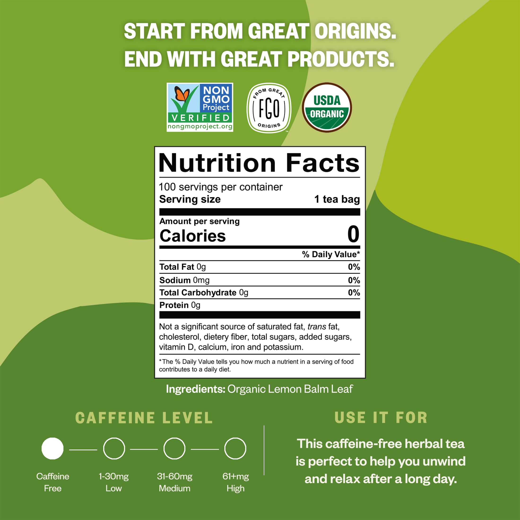 FGO Lemon Balm Tea with USDA Organic seal signals certified organic sourcing.
