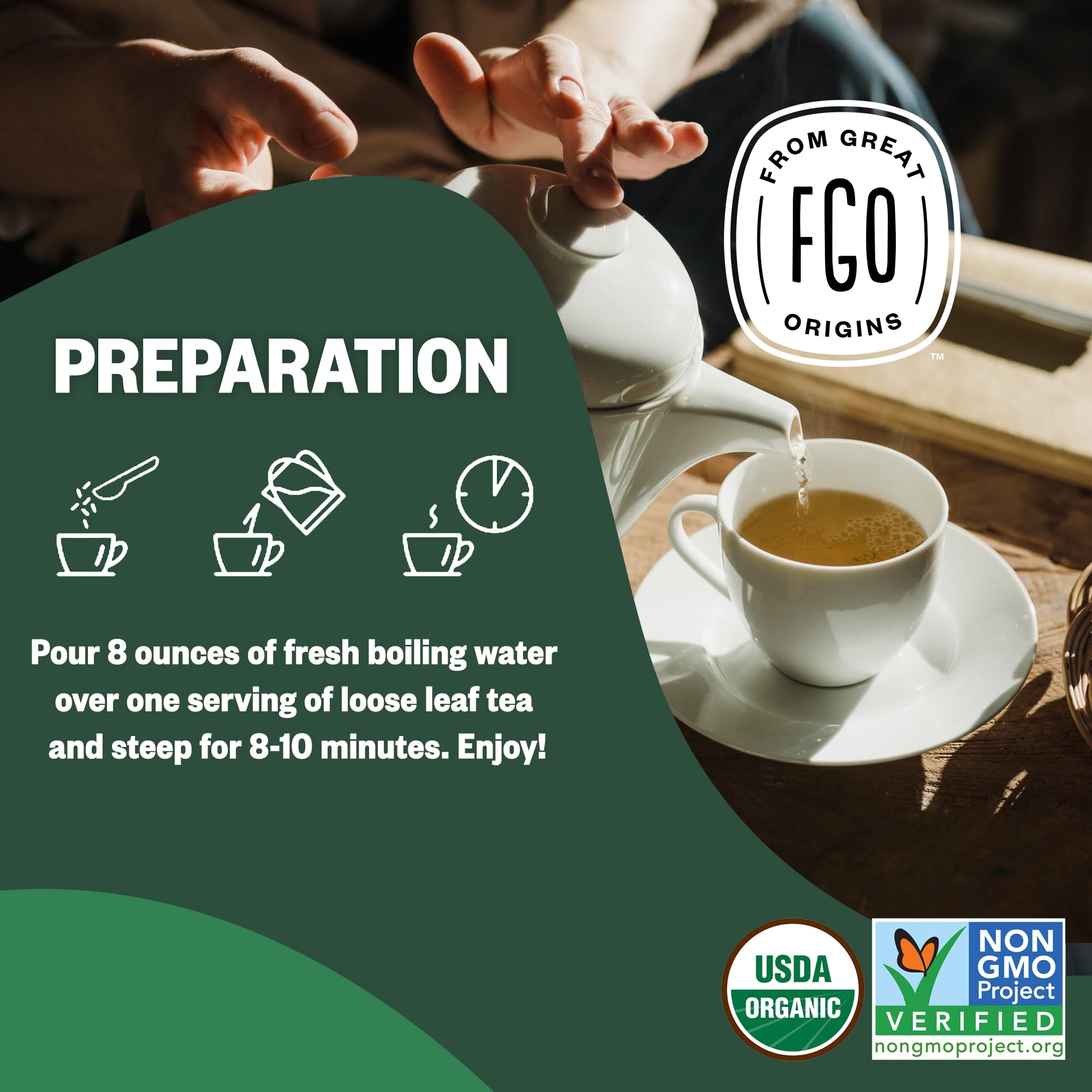FGO organic nettle leaf tea brew in a cup with earthy aroma