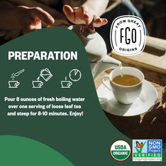 FGO organic nettle leaf tea brew in a cup with earthy aroma