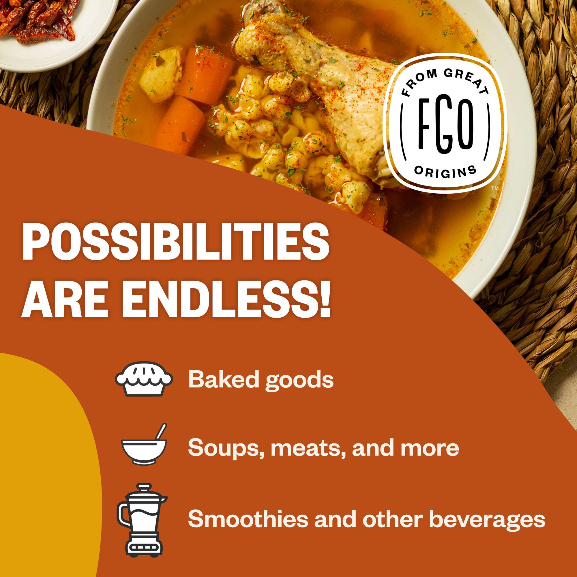 FGO Organic and Non-GMO seals emphasize trusted quality and sustainability.