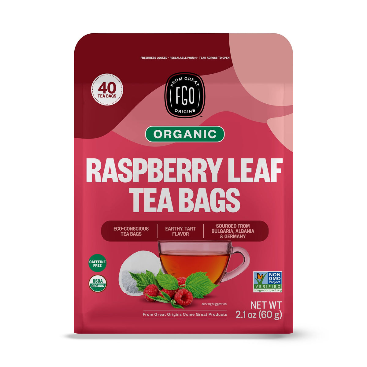 FGO organic red raspberry leaf tea bags ready to brew a caffeine-free cup