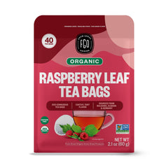 FGO organic red raspberry leaf tea bags ready to brew a caffeine-free cup