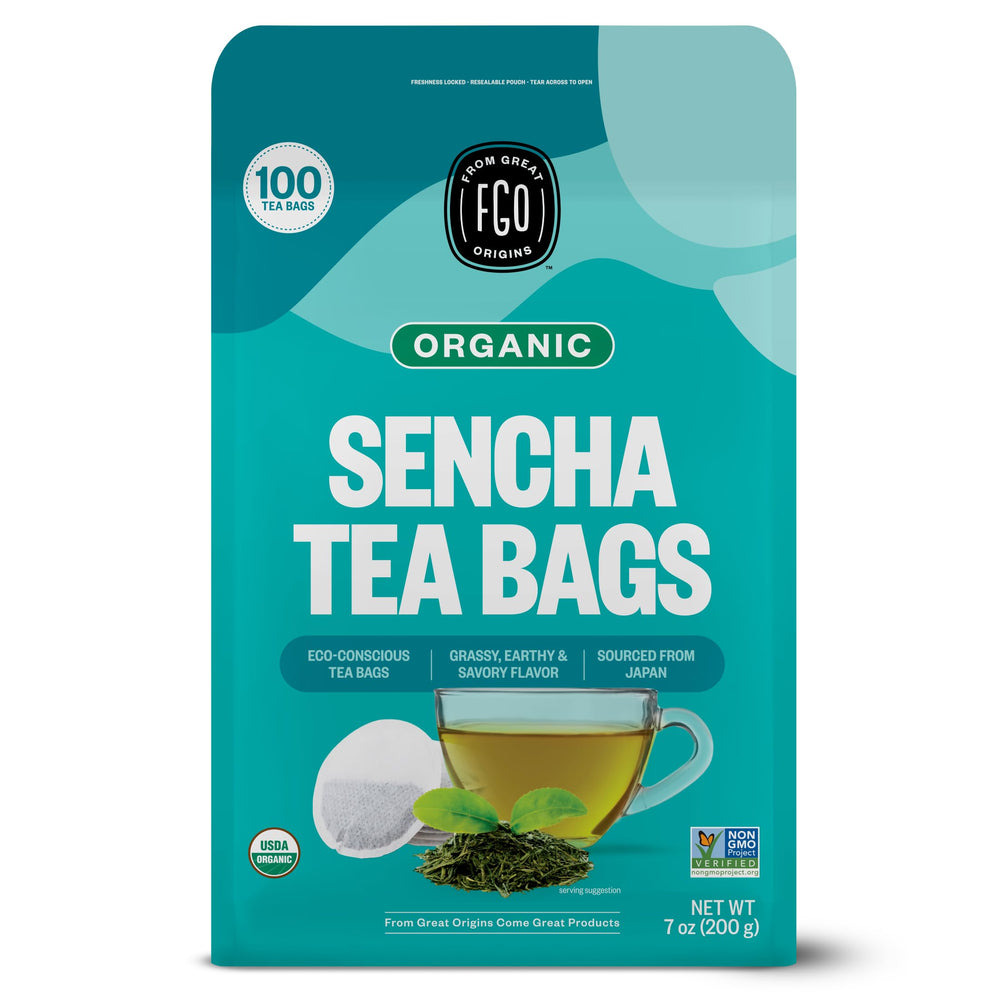 FGO Organic Sencha tea bags in packaging: eco-friendly and convenient for daily tea
