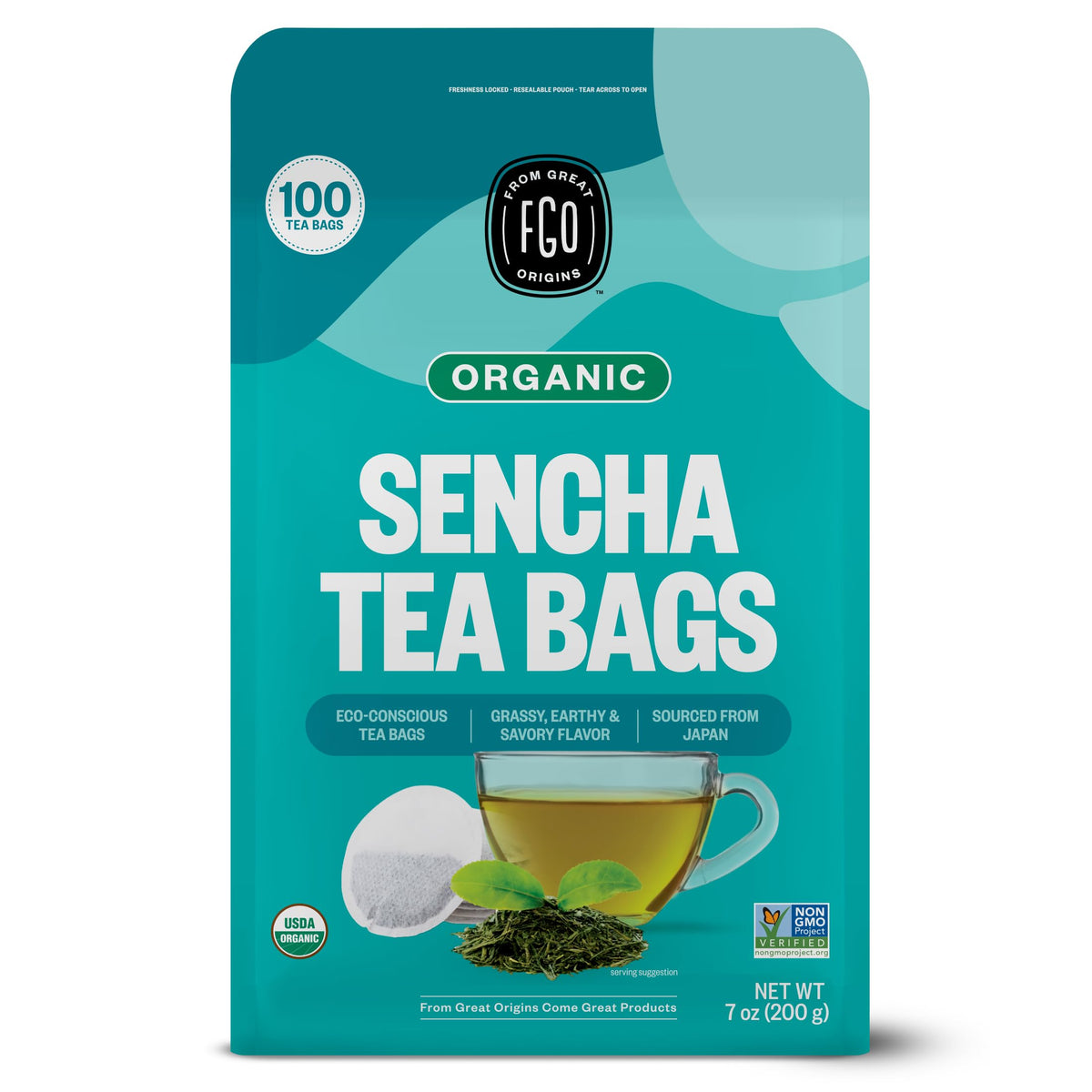 FGO Organic Sencha tea bags in packaging: eco-friendly and convenient for daily tea