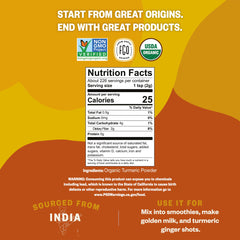 FGO Organic Turmeric Powder from India highlights origin and vibrant color for cooking.