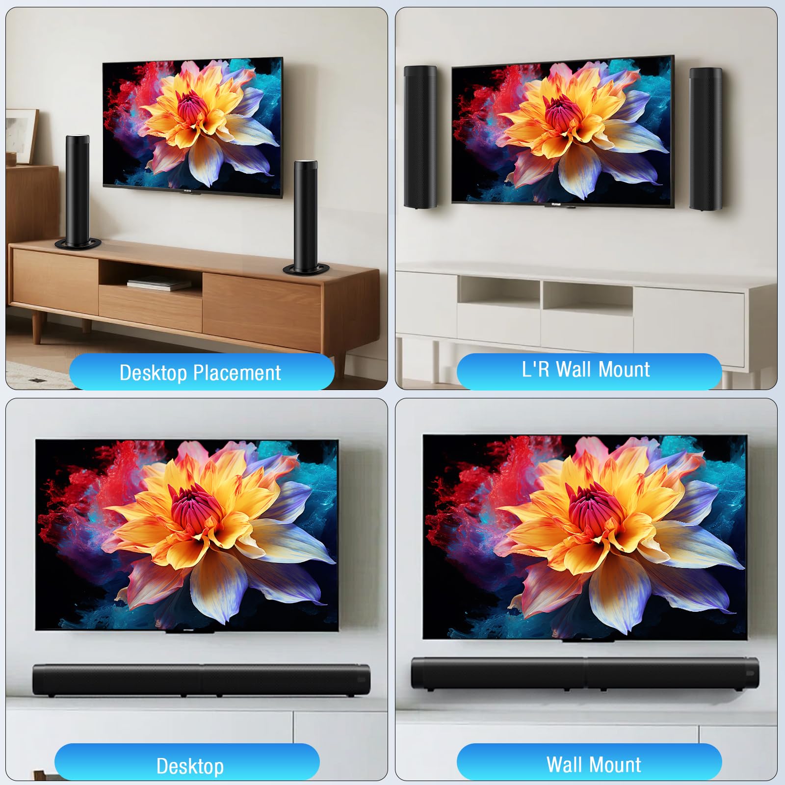 FHNFHN ARC/Opt/AUX connections for versatile home theater setup.