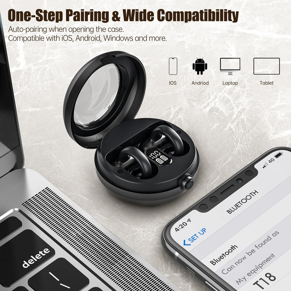 Fhumsh Open Ear Headphones Bluetooth 5.4 quick pairing across devices.
