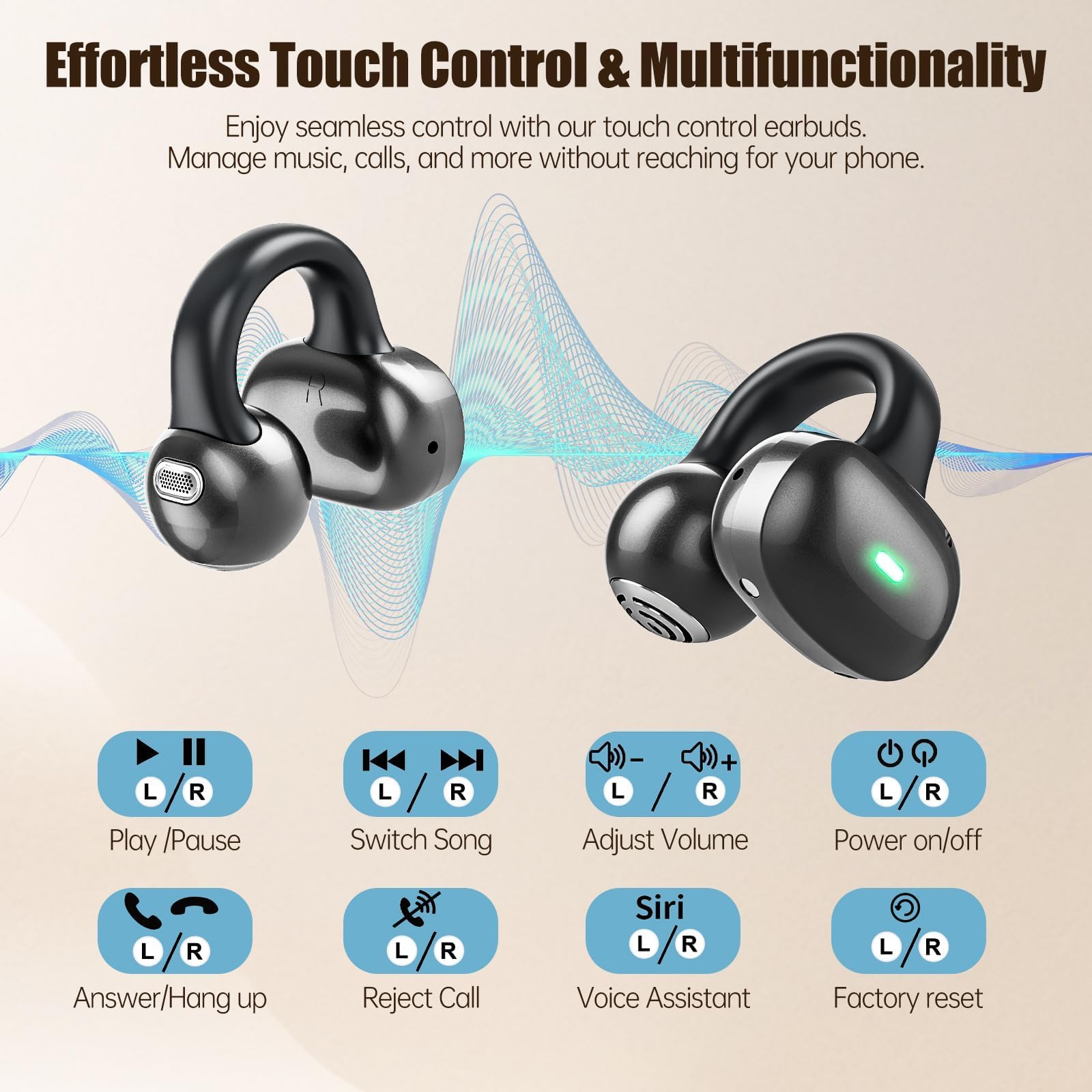 Fhumsh Open Ear Headphones smart touch controls simplify music and calls.