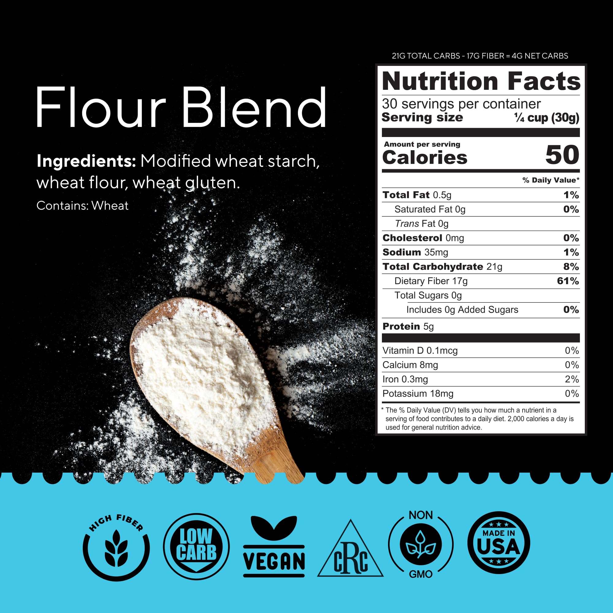 Fiber Gourmet flour being poured to illustrate easy 1:1 substitution in recipes