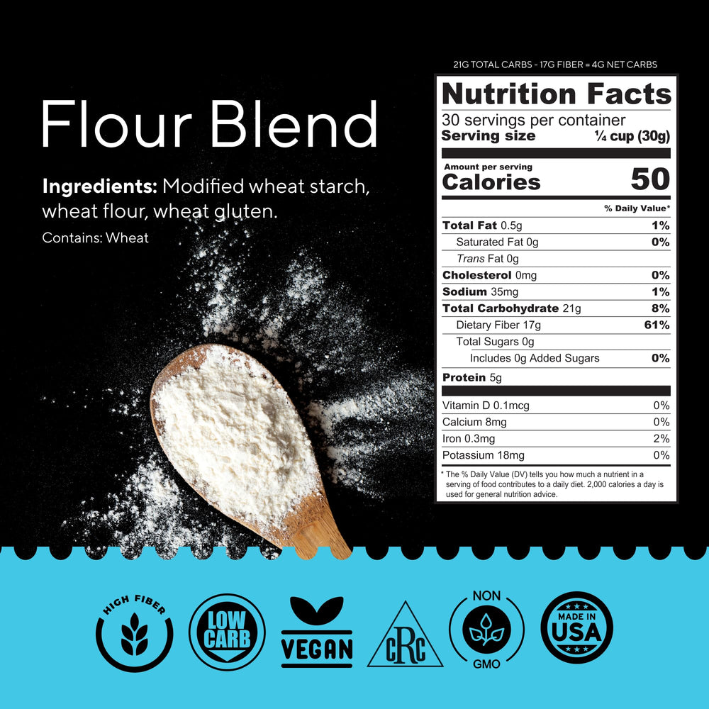 Fiber Gourmet flour being poured to illustrate easy 1:1 substitution in recipes